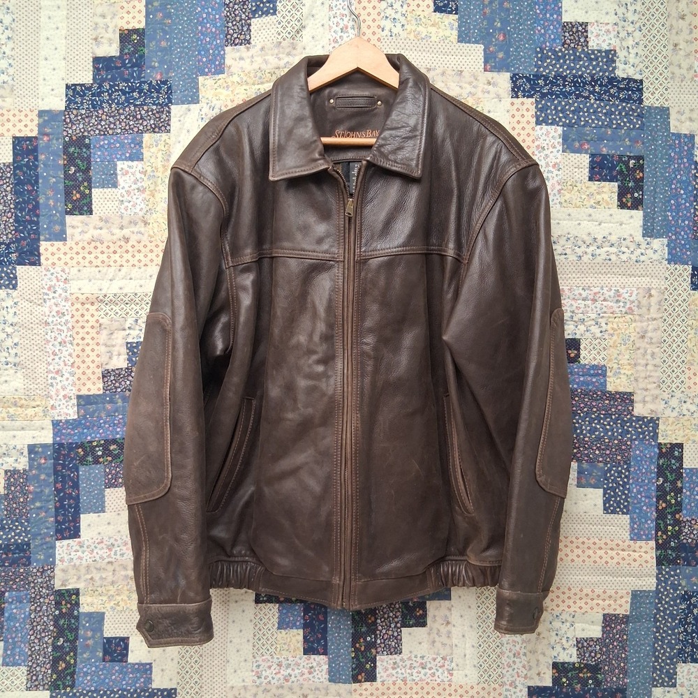 Vintage St. Johns Bay Brown Leather Bomber Jacket Sz XL Flannel Lined Elbow Pads